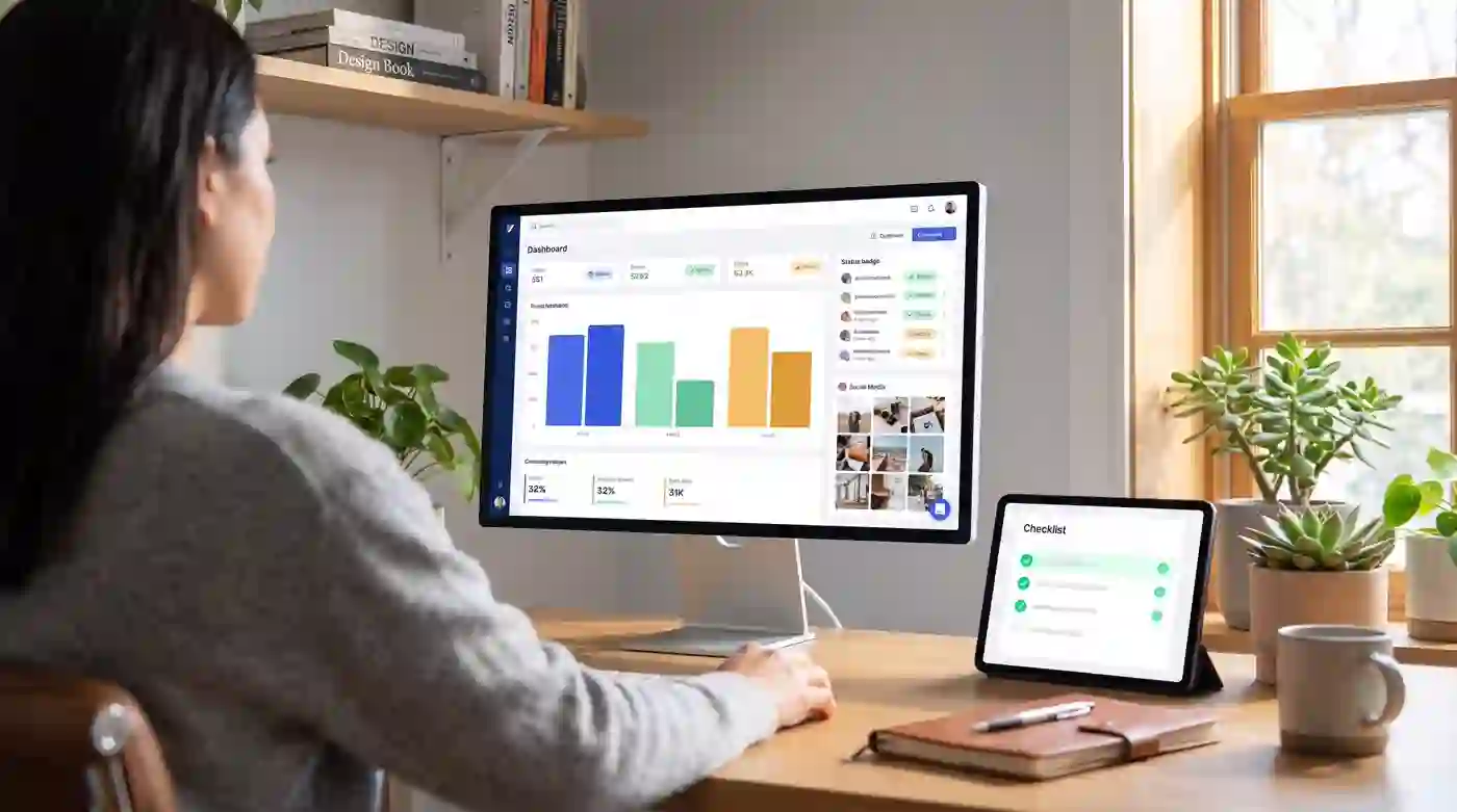 Pessoa de perfil acompanhando um painel colorido de métricas e o status do site na tela