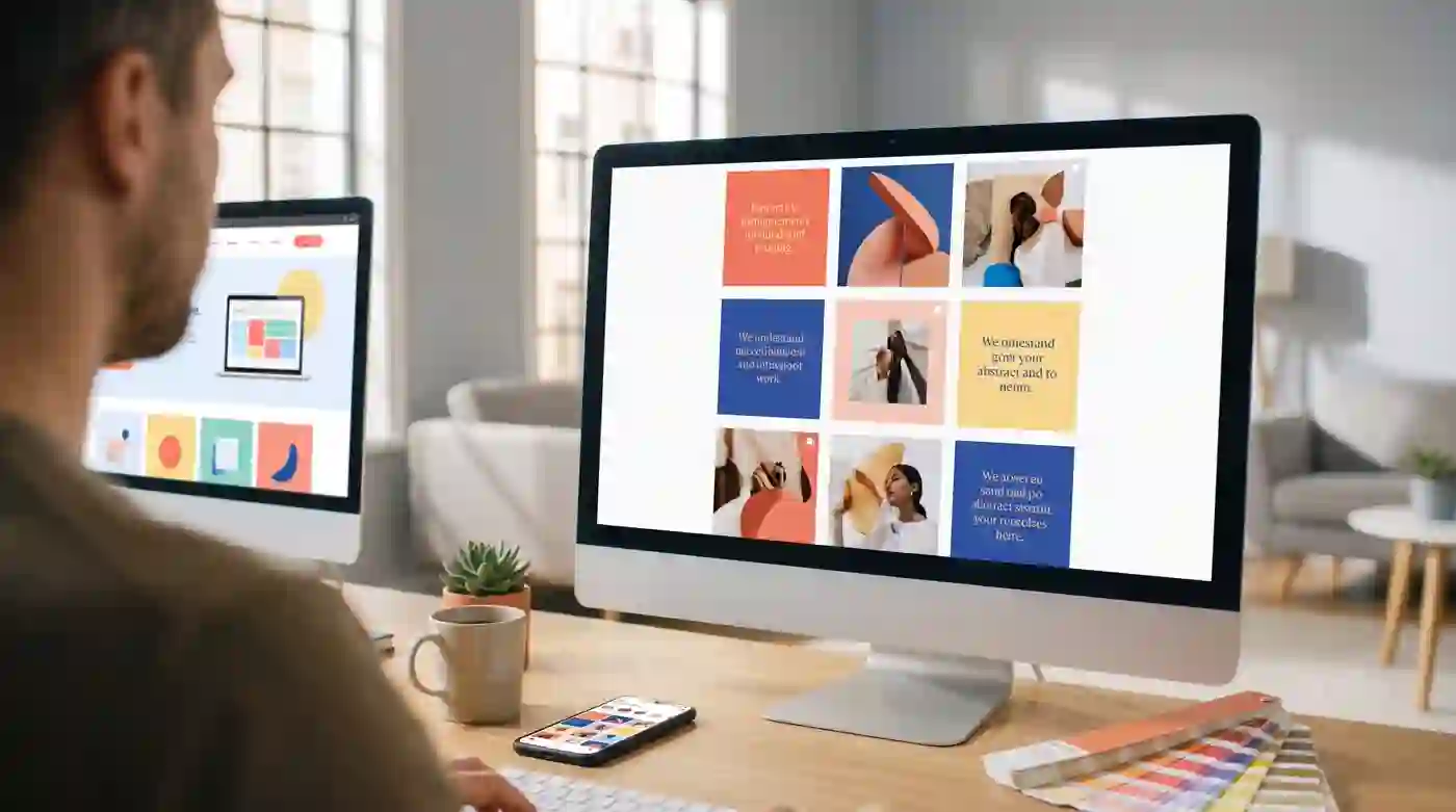 Pessoa de costas trabalhando em um computador, com um post de Instagram colorido e um mockup de site na tela